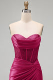 Burgundy Satin Ruched Beaded Sweetheart Sheer Corset Homecoming Dress with Slit