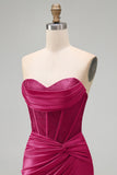 Burgundy Satin Ruched Beaded Sweetheart Sheer Corset Homecoming Dress with Slit