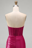 Burgundy Satin Ruched Beaded Sweetheart Sheer Corset Homecoming Dress with Slit