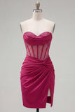 Burgundy Satin Ruched Beaded Sweetheart Sheer Corset Homecoming Dress with Slit