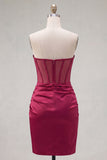 Burgundy Satin Ruched Beaded Sweetheart Sheer Corset Homecoming Dress with Slit