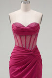 Burgundy Satin Ruched Beaded Sweetheart Sheer Corset Homecoming Dress with Slit