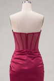 Burgundy Satin Ruched Beaded Sweetheart Sheer Corset Homecoming Dress with Slit
