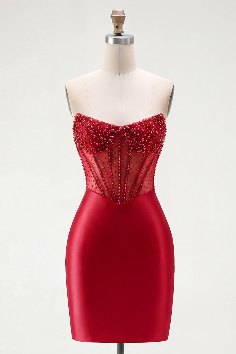 Zapaka Women Red Satin Homecoming Dress Sweetheart Bodycon Sheer Corset Beaded Mini Cocktail Party Dress, Red / US2