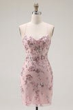 Blush Bodycon Halter Neck Sheer Corset Sequins Homecoming Dress