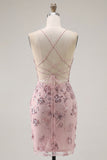 Blush Bodycon Halter Neck Sheer Corset Sequins Homecoming Dress
