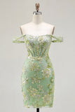 Green Off the Shoulder Bodycon Floral Sheer Corset Homecoming Dress