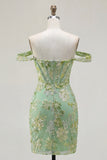 Green Off the Shoulder Bodycon Floral Sheer Corset Homecoming Dress
