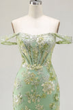 Green Off the Shoulder Bodycon Floral Sheer Corset Homecoming Dress