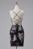 Black Pink Flower Bodycon Sheer Corset Homecoming Dress