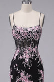 Black Pink Flower Bodycon Sheer Corset Homecoming Dress