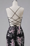 Black Pink Flower Bodycon Sheer Corset Homecoming Dress