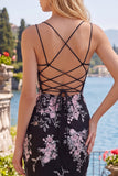 Black Pink Flower Bodycon Sheer Corset Homecoming Dress
