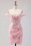 Off the Shoulder Blush Bodycon Sheer Corset Sequins Homecoming Dress