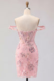 Off the Shoulder Blush Bodycon Sheer Corset Sequins Homecoming Dress