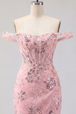 Off the Shoulder Blush Bodycon Sheer Corset Sequins Homecoming Dress