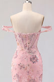 Off the Shoulder Blush Bodycon Sheer Corset Sequins Homecoming Dress