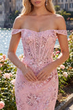 Off the Shoulder Blush Bodycon Sheer Corset Sequins Homecoming Dress