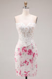White Fuchsia Flower Sweetheart Bodycon Sheer Corset Homecoming Dress
