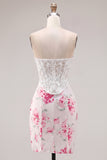 White Fuchsia Flower Sweetheart Bodycon Sheer Corset Homecoming Dress