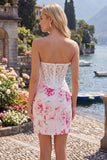 White Fuchsia Flower Sweetheart Bodycon Sheer Corset Homecoming Dress
