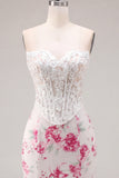 White Fuchsia Flower Sweetheart Bodycon Sheer Corset Homecoming Dress
