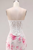 White Fuchsia Flower Sweetheart Bodycon Sheer Corset Homecoming Dress