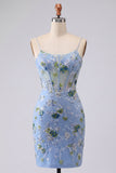 Blue Bodycon Embroidered Floral Sheer Corset Homecoming Dress