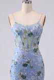 Blue Bodycon Embroidered Floral Sheer Corset Homecoming Dress