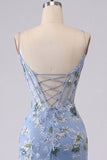 Blue Bodycon Embroidered Floral Sheer Corset Homecoming Dress