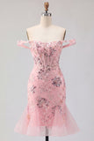 Blush Off the Shoulder Bodycon Floral Sheer Corset Sequins Homecoming Dress with Ruffles