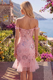 Blush Off the Shoulder Bodycon Floral Sheer Corset Sequins Homecoming Dress with Ruffles