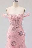 Blush Off the Shoulder Bodycon Floral Sheer Corset Sequins Homecoming Dress with Ruffles