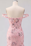 Blush Off the Shoulder Bodycon Floral Sheer Corset Sequins Homecoming Dress with Ruffles