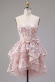 Pink A-Line Sweetheart Corset Floral Homecoming Dress with Bow