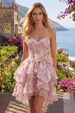 Pink A-Line Sweetheart Corset Floral Homecoming Dress with Bow