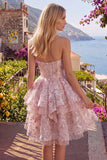 Pink A-Line Sweetheart Corset Floral Homecoming Dress with Bow