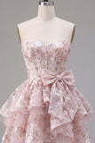 Pink A-Line Sweetheart Corset Floral Homecoming Dress with Bow