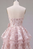 Pink A-Line Sweetheart Corset Floral Homecoming Dress with Bow