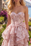 Pink A-Line Sweetheart Corset Floral Homecoming Dress with Bow
