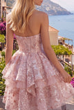 Pink A-Line Sweetheart Corset Floral Homecoming Dress with Bow