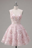 Pink A-Line One Shoulder Floral Homecoming Dress