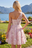 Pink A-Line One Shoulder Floral Homecoming Dress