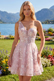Pink A-Line One Shoulder Floral Homecoming Dress