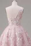 Pink A-Line One Shoulder Floral Homecoming Dress