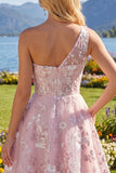 Pink A-Line One Shoulder Floral Homecoming Dress