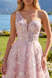 Pink A-Line One Shoulder Floral Homecoming Dress