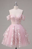 Off the Shoulder Pink A-Line Sheer Corset Floral Homecoming Dress