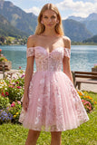 Off the Shoulder Pink A-Line Sheer Corset Floral Homecoming Dress