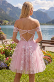 Off the Shoulder Pink A-Line Sheer Corset Floral Homecoming Dress